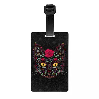 День мертвых Котенок Кошка Сахарный череп Багажная бирка для чемоданов Мексиканский Хэллоуин Цветочная обложка для удостоверения личности с именем