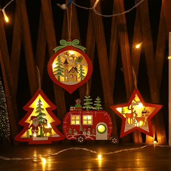 Рождественские подвесные декоры, резьба по дереву со светящейся светодиодной подсветкой для Рождественской елки, рождественские украшения, деревянные подвесные поделки на ферме