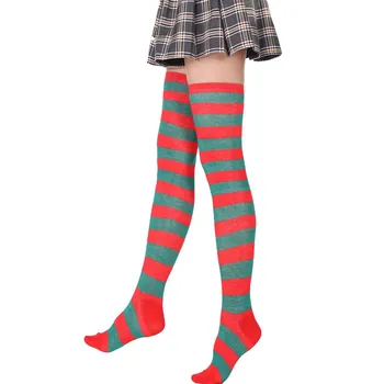 Женские чулки для косплея в красно-зеленую полоску, длинные носки в стиле Лолиты выше колена, женские компрессионные носки
