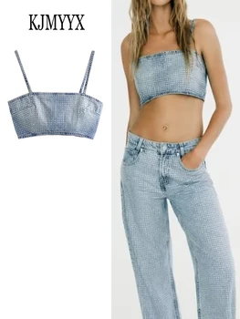 KJMYYX/ Новые Модные женские джинсовые топы с блестками, летние Сексуальные топы без рукавов с открытой спиной и застежкой-молнией в стиле пэчворк