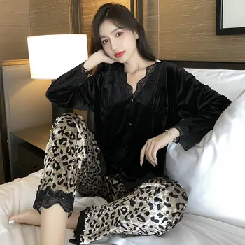 Высококачественный женский пижамный комплект, бархатная кружевная пижама, повседневная леопардовая домашняя одежда, пижама с V-образным вырезом, Роскошная пижама Femme