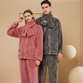 Комплект зимней пижамы для пары, однотонная женская пижама из плотного флиса с длинным рукавом, 2 шт., с карманами для брюк, однобортная пижама для женщин