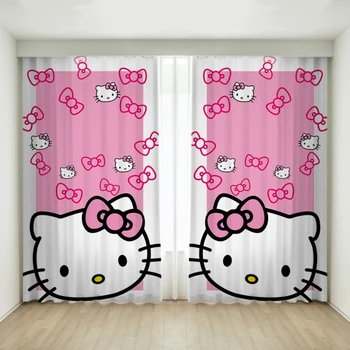 занавески с 2 панелями, полупрозрачные занавески с розовым принтом Радужного кота, шторы для защиты от солнца, декор для гостиной и спальни