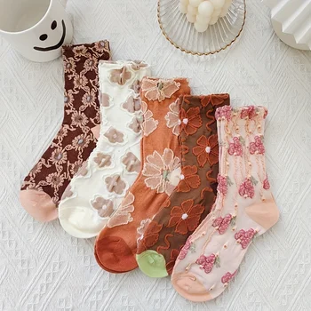 5 пар носков с 3D цветочной текстурой, дышащие чулки в винтажном стиле, женские чулки