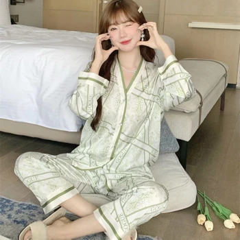 QSROCIO Женская летняя пижама Модная пижама в зеленую полоску с V образным вырезом и рисунком жасмина, тонкие брюки с длинными рукавами, повседневный комплект домашней одежды
