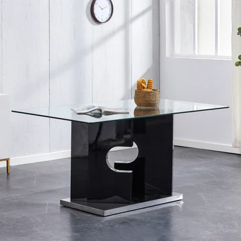 Современный минималистичный прямоугольный стеклянный обеденный стол на 6-8 персон со столешницей из закаленного стекла 0,39 дюйма и кронштейном специальной формы из МДФ