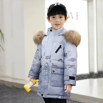 Парки для мальчиков, длинный пуховик с капюшоном из большого меха, детское пальто с принтом градиентного цвета, плотная теплая одежда для детей XMP341