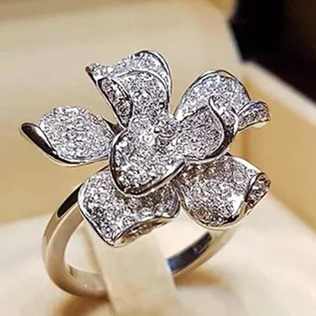 Новое кольцо с фианитами в виде цветка для женщин, роскошные обручальные кольца серебристого цвета, эстетичное кольцо для вечеринок, повседневная одежда, элегантный аксессуар, ювелирные изделия