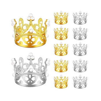 12 ШТ. Золотая серебряная мини-корона для торта на день рождения с жемчужным декором, маленький головной убор принцессы, украшение для торта в виде детской короны