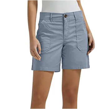 Летние женские повседневные шорты для подростков, высокая талия, однотонные облегающие саржевые шорты-карго с карманами, уличные горячие брюки