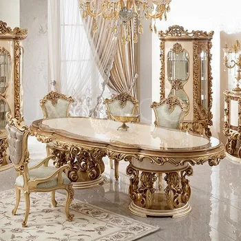 Французский обеденный стол из массива дерева, сочетание стульев, Европейский Роскошный Резной обеденный стол, Большая мебель для виллы, Обеденный стол