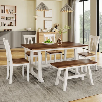 Обеденный стол из орехового и белого дерева, кухонный стол из 6 предметов, длинная скамья и 4 обеденных стула, стиль фермерского дома