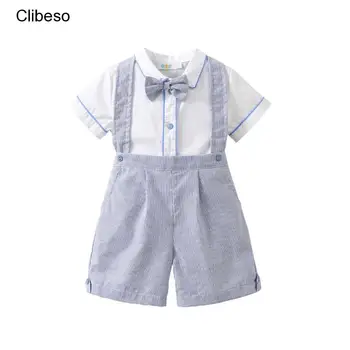 2023 Clibeso/ Комплект летней одежды в корейском стиле для маленьких мальчиков, детская белая блузка с бантом + шорты на подтяжках, детские уличные костюмы