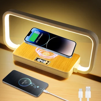 Беспроводная прикроватная лампа Перезаряжаемая Сенсорная светодиодная настольная лампа USB-ночник для спальни, Часы с 3 цветовыми температурами, настольная лампа