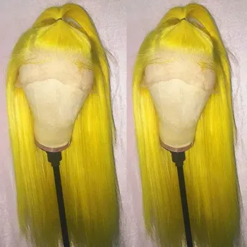 Ярко-желтый синтетический парик на кружеве без клея Из прямого термостойкого волокна, предварительно выщипанный из натуральных волос Без пробора для женщин