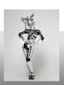 Механический головной убор Silver wing с яркой кожаной строчкой, одежда для выступлений gogo high sense