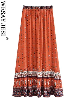WESAY JESI TRAF, Летняя женская винтажная юбка в стиле бохо, праздничные юбки с цветочным принтом павлина, юбка с рюшами, Элегантные женские юбки для светской жизни