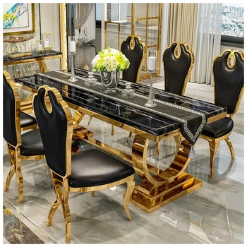 Столовые наборы, 6 стульев, столовая мебель, Роскошная Золотая ножка из нержавеющей стали, Мраморный обеденный стол, набор из 6 стульев