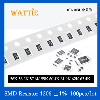 SMD резистор 1206 1% 56K 56.2K 57.6K 59K 60.4K 61.9K 62K 63.4K 100 шт./лот микросхемные резисторы 1/4 Вт 3.2 мм*1.6 мм