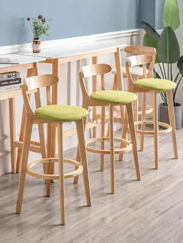 Барный стул из массива дерева, бытовой стул со спинкой, Скандинавский Барный стул, Высокий Табурет, Современный Простой барный стул для магазина чая с молоком