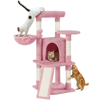 42-Дюймовая кошачья башня на дереве с платформой для кондоминиума и корзины, розовая