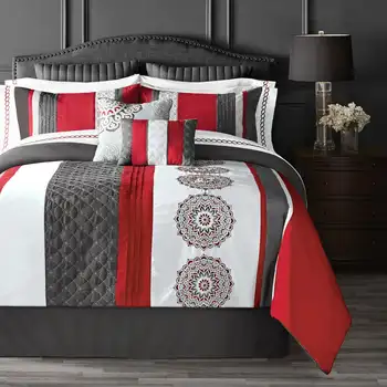 Комплект постельного белья в гостиничном стиле из 14 предметов, Queen, Красный / серый, С вышивкой в виде медальона, Плетение, Полифил