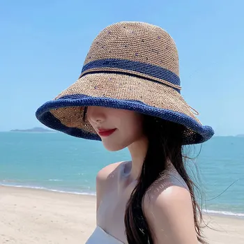 Летняя женская солнцезащитная шляпа, плетеная из соломы, дышащая Полая соломенная шляпа, уличная шляпа с зонтиком, для отдыха, шляпа рыбака на берегу моря, прилив для пляжа