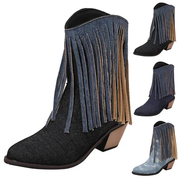 Женские ботинки до середины икры, модный Новый узор, простое однотонное украшение кисточками, заостренные толстые каблуки, Удобная обувь 2023