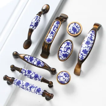 Синий и белый фарфор/ античная латунь ручки модные креативные керамические мебельные ручки бронза ящик шкафа тянуть
