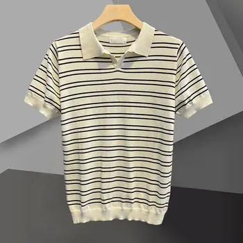 Повседневное тонкое поло с отворотом в контрастную полоску 2023, Летняя трикотажная футболка с отворотом, мужская рубашка в британском стиле, мужская рубашка Mannen Polo