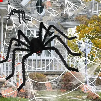 Имитирующий паук Реалистичный паук с паутиной, украшение для Хэллоуина в помещении / на улице, очень большой размер для создания привидений