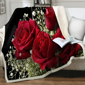 Пледы с 3D принтом Красной розы для кроватей, дивана, кресла, декора спальни, подарка девушке, Мягкого теплого стеганого одеяла, одеяла для пикника