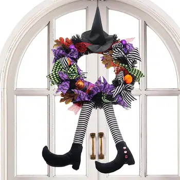 Венок ведьмы на Хэллоуин -дверной знак, вывеска на входной двери, Ведьмовские украшения со шляпой ведьмы и венком из ведьминых ножек на Хэллоуин