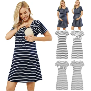 Платье для беременных с круглым вырезом для беременных, кормящих матерей, летнее платье в полоску с коротким рукавом