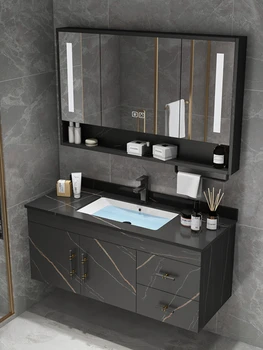 Комбинированный шкаф для ванной комнаты Из массива дерева Современный минималистичный столик для ванной комнаты Шкаф для мытья рук Умывальник Шкаф для ванной комнаты