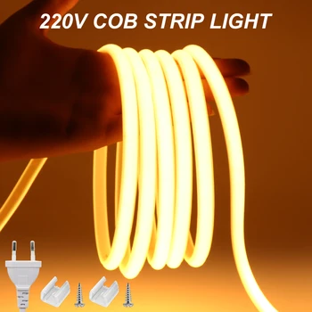 Светодиодная лента COB 220V EU Plug IP67 Водонепроницаемая светодиодная лента Наружное светодиодное освещение для украшения кухни