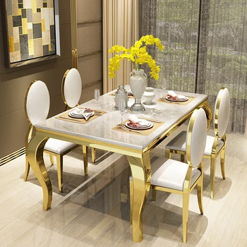 Светлый роскошный мраморный обеденный стол в скандинавском прямоугольном постмодернистском минималистичном сочетании домашнего обеденного стола и стула