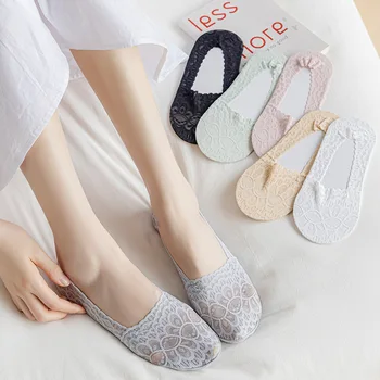 Женские невидимые летние носки без показа, кружевные Силиконовые нескользящие Сексуальные носки с глубоким вырезом на лодыжке, женские сетчатые дышащие тапочки-носки