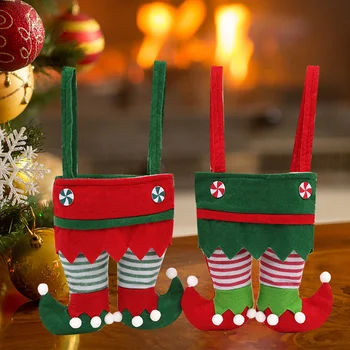 Сумки для рождественских подарков Креативная Милая форма Эльфа, Красно-Зеленые Полосатые сумки для конфет и печенья, Чулки, украшения для Рождественской елки