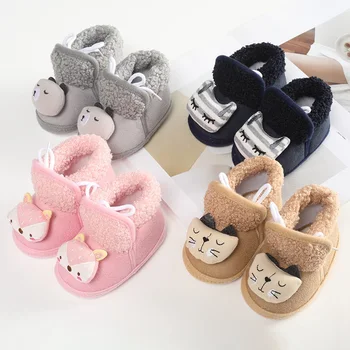 Ходунки для малышей с мультяшными животными, детская обувь, Пинетки для мальчиков и девочек, Зимняя Теплая Хлопковая Мягкая Противоскользящая обувь для кроватки для новорожденных.